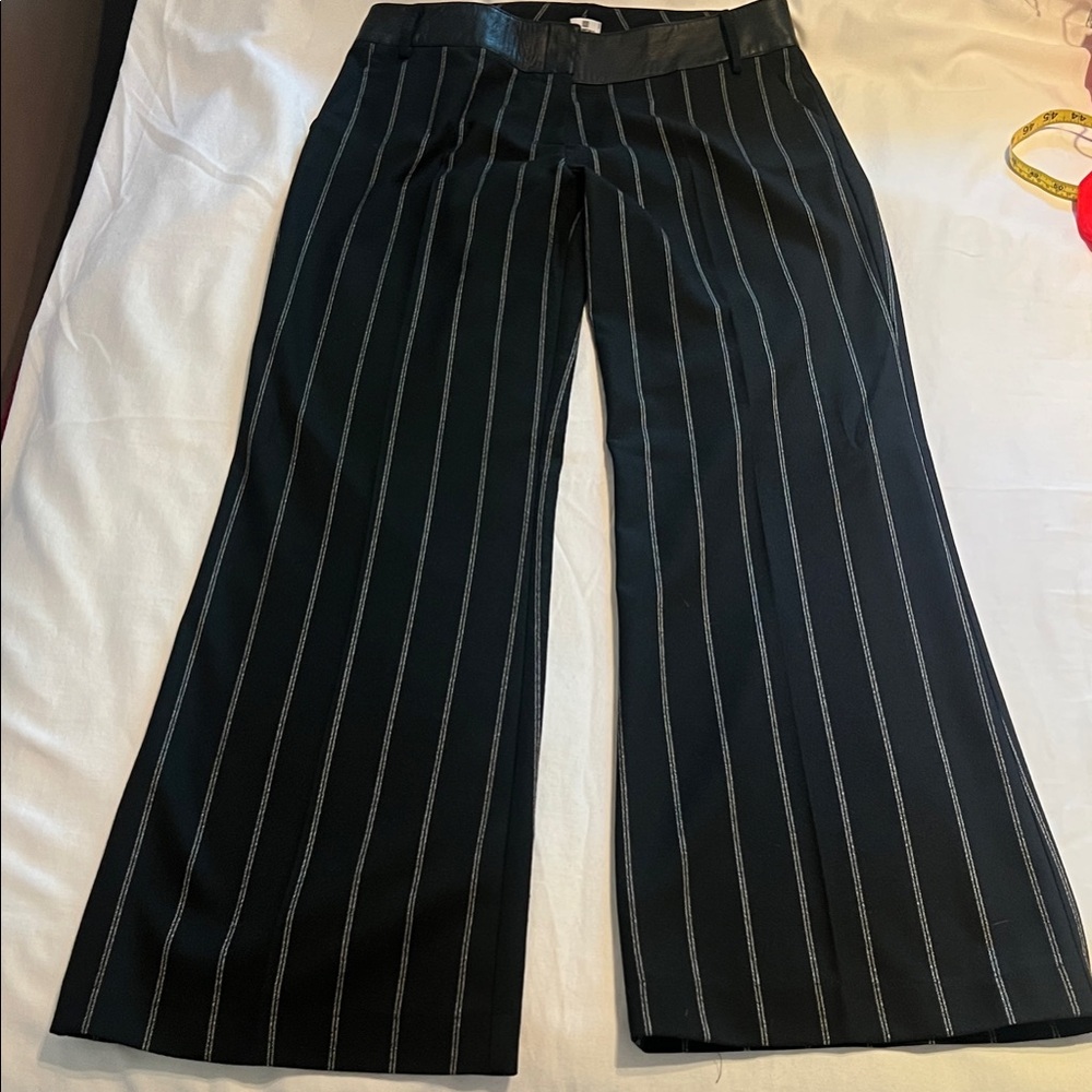Gil Santucci Black Striped with Leather Trim Straight Leg Women Pants Size 44